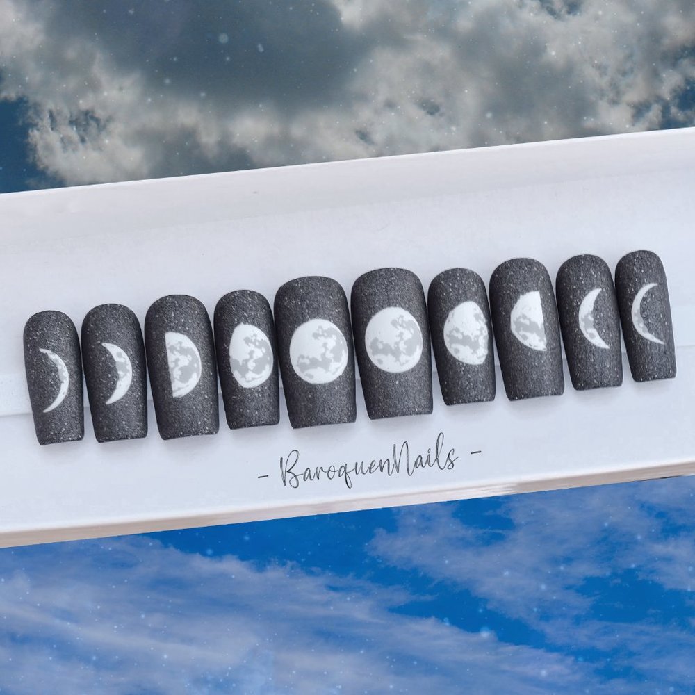Moon Phase Matte Black Press On Nails